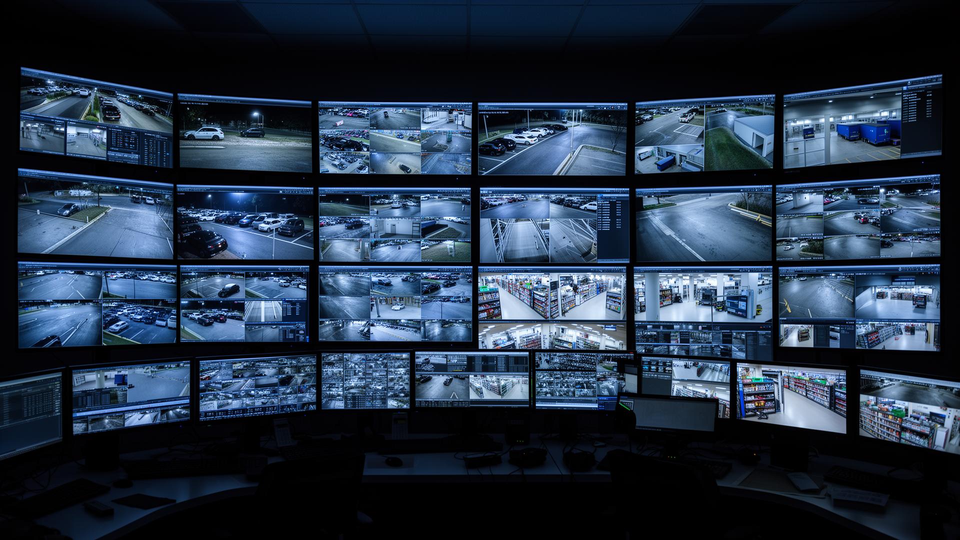 Wall of live CCTV monitors inside Sentrix Global SOC