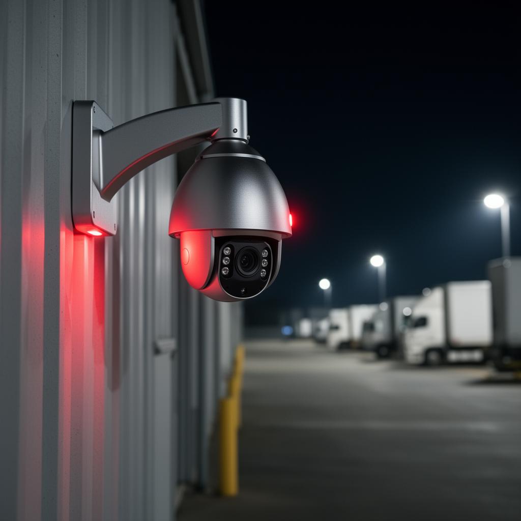 PTZ security camera at night with red recording LED at warehouse
