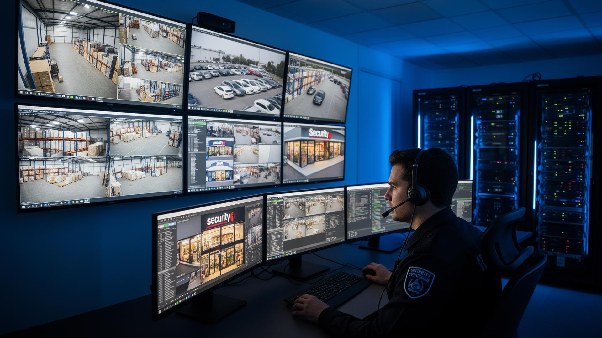 Sentrix Global security operator monitoring CCTV feeds at night